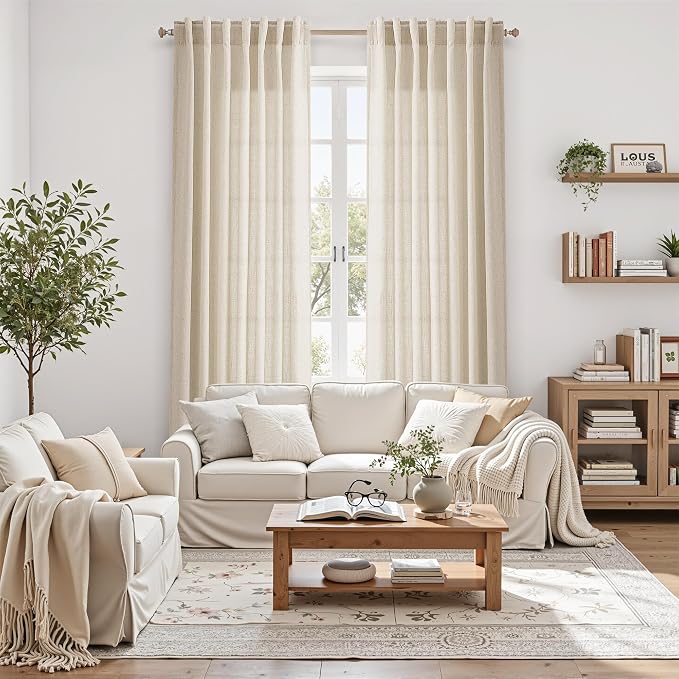 Nanspring Living Room Curtains 72 Inch Length Linen Cream Beige Luxury Light Filtering Semi Sheer Curtain Back Tab Modern Farmhouse Decor Elegant Coastal Drapes for Bedroom Office 52x72, 2 Panels