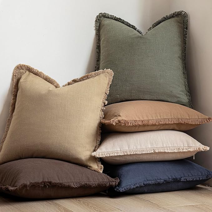 Foindtower Set of 2 Decorative Linen Fringe Throw Pillow Covers Boho Farmhouse Cushion Cover with Tassels Soft Accent Pillowcase for Couch Sofa Bed Living Room Home Decor,22×22 Inch,Reddish Brown