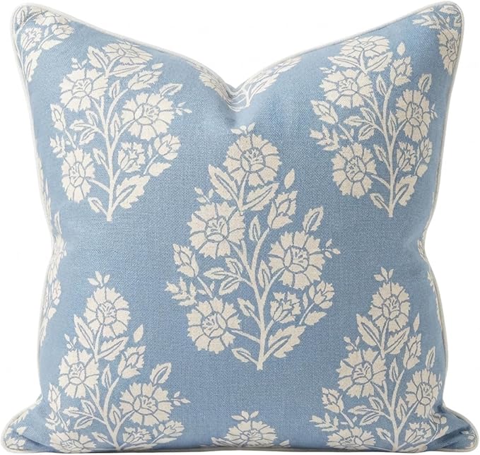 Jillien Harbor "The Hazel Bright Blue White Floral Pillow Cover Grandmillennial Home Decor Blockprint Pillow Cover 20" x 20"