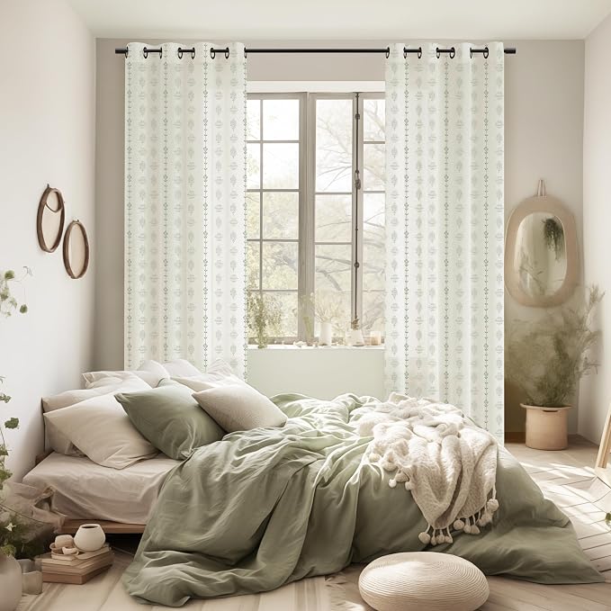 Sage Green Floral French Country Curtains, 72 Inch Long Cottage Core Farmhouse Linen Natural Fabric Patterned Drapes for Living Room Sunroom