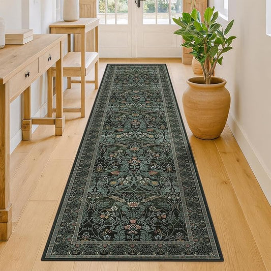 2x10 Long Hallwag Runner Rug 10ft, Washable Dark Green Indoor Floor Mats for Entryway Non Slip, Flower & Botanical Pattern Stain Resistant Carpet