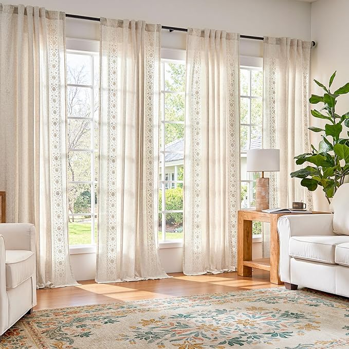 jinchan Weslie Boho Curtains for Living Room Ivory Vintage Floral Farmhouse Curtains 108 Inches Long Linen Drapes for Bedroom Embroidered Extra Long Light Filtering Drapes Rod Pocket 2 Panels