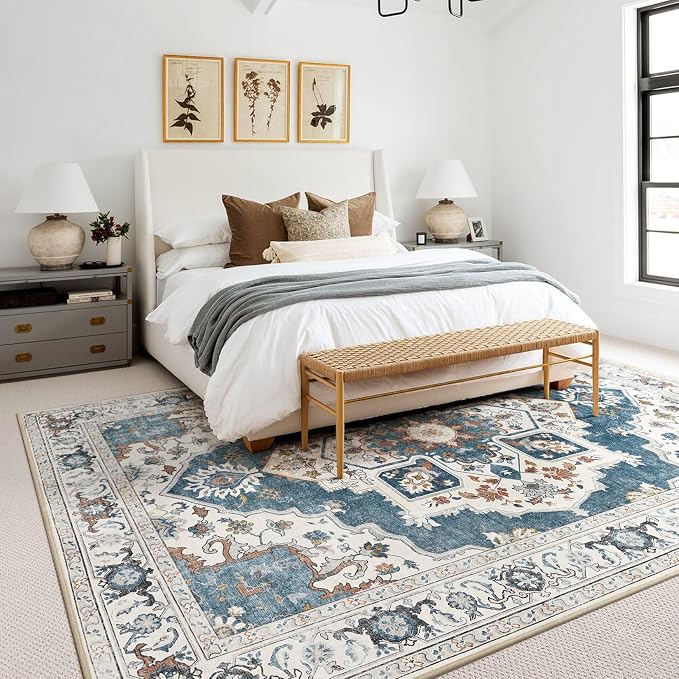 6x9 Washable Area Rug: Vintage Neutral Soft Non Slip Thin Large Floor Carpet for Living Room Bedroom Kitchen Dining Room Home Office Farmhouse Indoor - Blue
