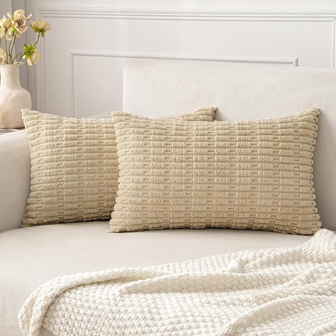 MIULEE Pack of 2 Corduroy Decorative Lumbar Throw Pillow Covers 20x12 Inch Soft Boho Striped Pillow Covers Modern Farmhouse Home Decor for Sofa Living Room Couch Bed Tan