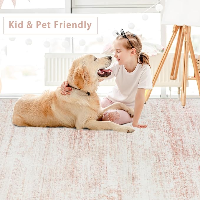Srugn Washable Rugs 5x7 Area Rugs for Living Room,Bedroom,Dining Room- Ultra Soft Faux Wool Nursery Rug for Baby Girl,Neutral Light Pink Low Pile Vintage Carpets for Dorm Kids Playroom,Non Slip