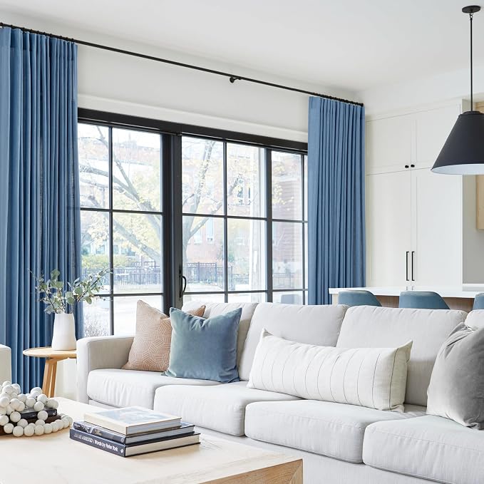 Denim Blue Curtains for Living Room Back Tab Modern Farmhouse Semi Sheer Blue Curtains 86 inches Long 2 Panels Set Muted Neutral Window Curtain for Dining Room Bedroom 52x86