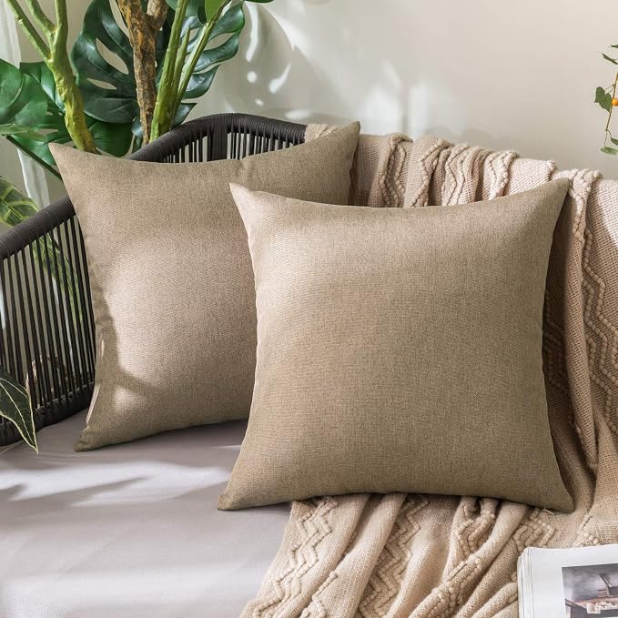 MIULEE Pack of 2 Decorative Outdoor Solid Waterproof Throw Pillow Covers Faux Linen Garden Farmhouse Cushion Cases for Patio Tent Balcony Couch Sofa 18x18 Inch Khaki