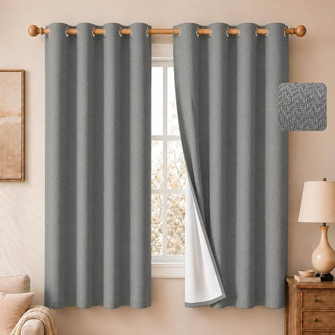 2 Panels 100% Blackout Linen-Textured Curtains, Thick Thermal Insulated Grommet Drapes with Subtle Herringbone Weave, Luxury Decor for Bedroom/Living Room, 54 x 63 Inches, Grey