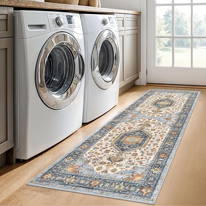 KUTA Runners for Hallways 2x6 Ivory Blue, Vintage Floral Kitchen Rugs Non-Slip Washable Runner Ultra Soft Printed Retro Flower Carpet Entryway Rug for Bedroom Laundry Nursery Entryways