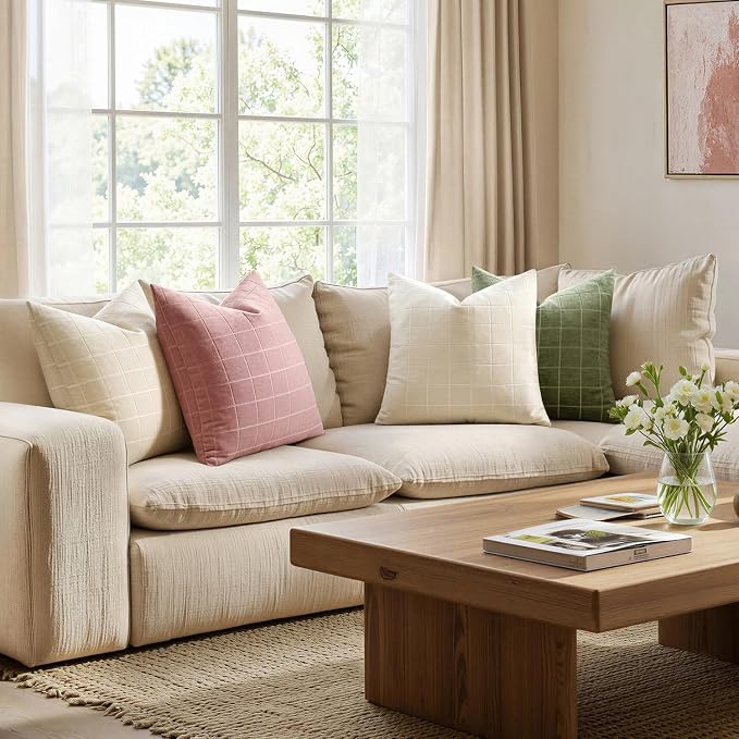 MIULEE Blush Pink Plaid Decorative Throw Pillow Covers 20x20 Set of 2 | Vintage Check Chenille Couch Pillows Neutral Boho Farmhouse Cushion Covers Modern Home Decor for Sofa Bed Living Room
