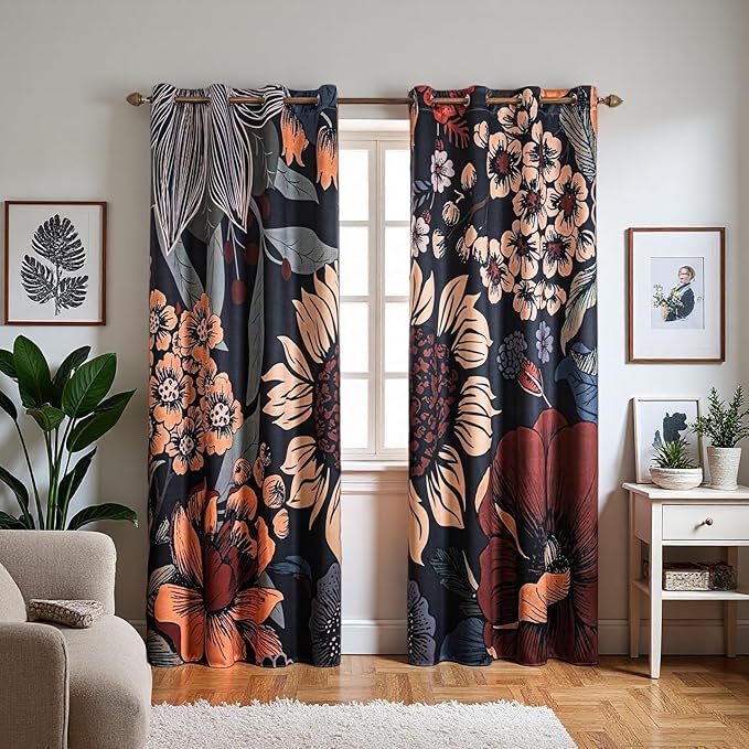 Boho Floral 100% Blackout Curtains 84 inch Long 2 Panels Set for Bedroom Vintage Big Rustic Flower Black Out Curtains Room Darkening Thermal Insulated Window Drapes for Living Room 52x84inch