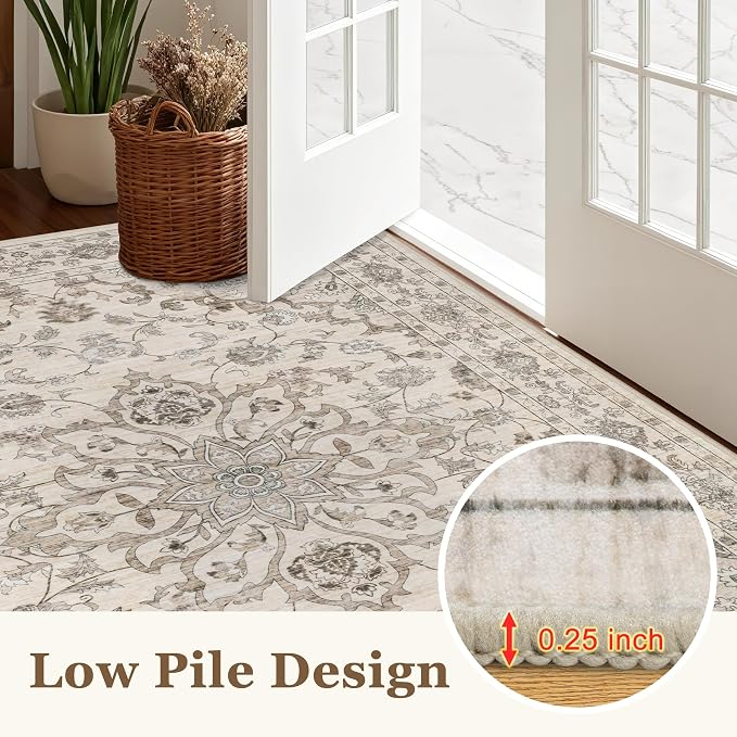 Round Area Rug for Living Room: 4 ft Washable Vintage Boho Soft Thin Circle Rug Indoor Floor No Slip Stain Resistant Carpet for Bedroom Dining Room Farmhouse Nursery Home Office - Brown Beige