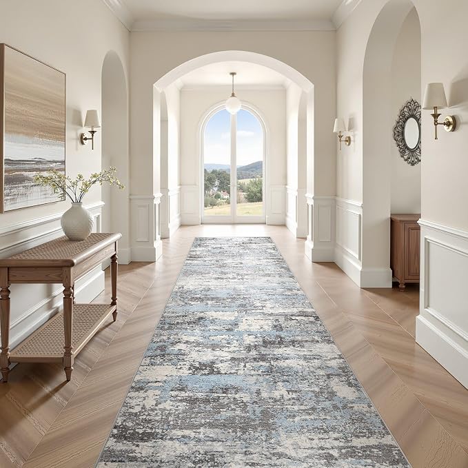 Hallway Washable Runner Rug: 3x12 Abstract Modern Soft Stain Resistant Non-Slip Backing Runner for for Entryway Kitchen Laundry - Blue Grey