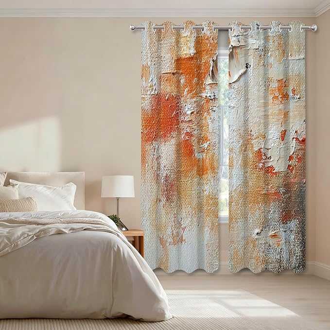 Shrahala Brushstrokes of Paint Thermal Insulated Blackout Window Curtains, Orange Grey Canvas Texture Long Drapes for Bedroom/Living Room with Plastic Grommet, 52X63 Set of 2
