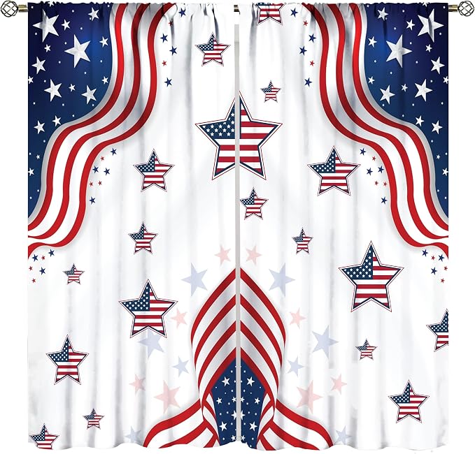 American Flag Curtains,4th of July Independence Day Stars Stripes Decor Drape for Bedroom Living Room Window Treatment 2 Panels Set Total Size 55" W X 63" L Inch
