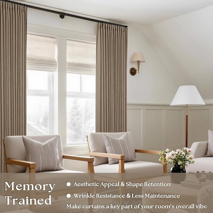 TWODRAPES Pinch Pleated Neutral Linen Curtains 2 Panels Set Living Room Dining Pinch Pleat Back Tab Light Filtering Farmhouse Boho Retro Window Curtain Drapes 84 Inch Length Latte Tan Brown