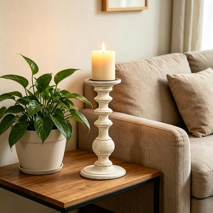 Hosley Set of 2 White Wooden Pillar Candle Holder 11 Inch High Country Style Ideal for Weddings or Parties as Well as Home Decor