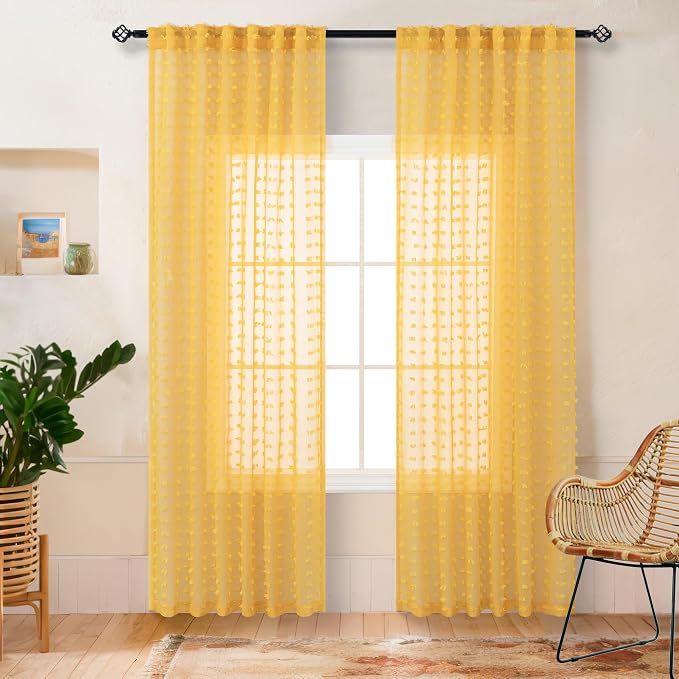 Mustard Yellow Pom Pom Curtains 96 Inches Long for Living Room Bedroom Mid Century Modern Decor Semi Sheer Bohemian Farmhouse Curtains for Dining Room Kids Playroom Back Tab Gold Yellow 96 Inch Length