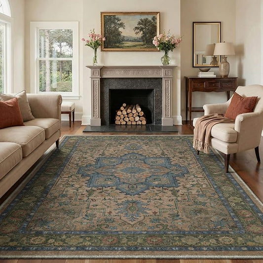 GENIMO 5x7 Area Rugs for Living Room, Machine Washable Rug, Non Slip Indoor Vintage Carpet, Low Pile Lightweight Chenille Print Carpet for Bedroom Dining Room Home Office, Dusty Sage