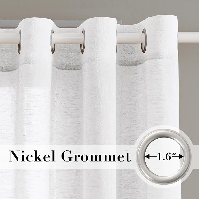H.VERSAILTEX Linen Curtains 90 inches Long Linen Curtains/Natural Linen Blended Sheer Curtain/Panels/Drapes for Living Room, Home Decorative Privacy Window Treatment Nickel Grommets, Pure White