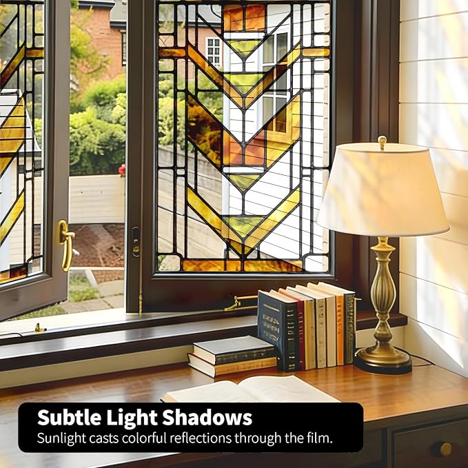 Faux Stained Glass Effect Transparent Window Film, Decorative Window Cling Static Cling Inspired by Frank Lloyd Wright, 22.83" x35.43" Martin House, Boho