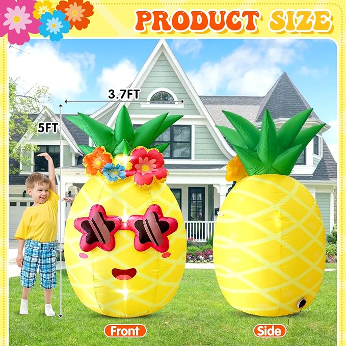 5FT Summer Inflatable Pineapple Outdoor Decor, Blow Up Pineapple Built-in LED Lights, Giant Inflatable Decorations for Tropical Pool Beach Party Photo Backdrop Yard Lawn Hawaiian Luau Party Supplies