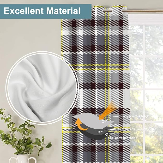 Shrahala Grunge Vintage Art Plaid Blackout Window Curtains, Tartan Grey Thermal Insulated Curtains Grommet Top Window Drapes for Living Room, Bedroom (2 Panels,52 x 63 in)