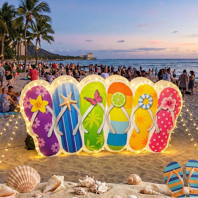VIHOSE 5 FT Summer Inflatable Flip Flop Blow Up Slipper with Built in LED Lights Oversized Party Decoration for Pool Beach Lawn Yard Hawaiian Luau Tropical