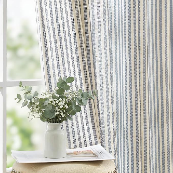 jinchan Linen Curtains 96 inch Blue Stripe on Beige Grommet 2 Panels | Curtains for Living Room Bedroom,Ticking Stripe Pattern,Pinstripe Farmhouse Rustic,Window Treatment,Light Filtering