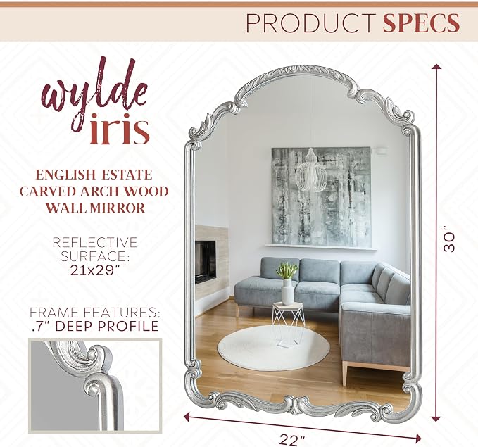 Wylde Iris English Estate Carved Arch Wood Wall Mirror, Mirror for Entryway, Living Room, Bathroom, Antique Silver, 20.9x28.9