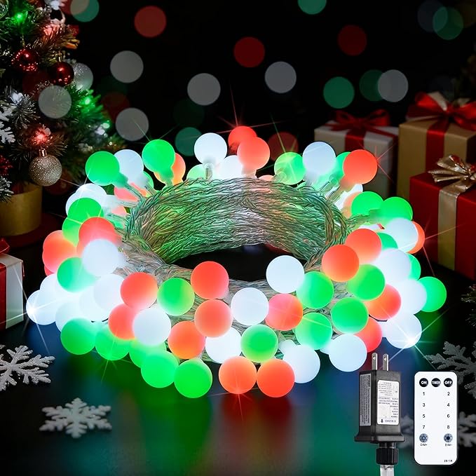 JMEXSUSS 33ft 100 LED Globe Red White and Green Christmas String Lights | Connectable Christmas Lights Plug in with Remote, 8 Modes Fairy Lights Outdoor for Christmas Room Party Home Decor