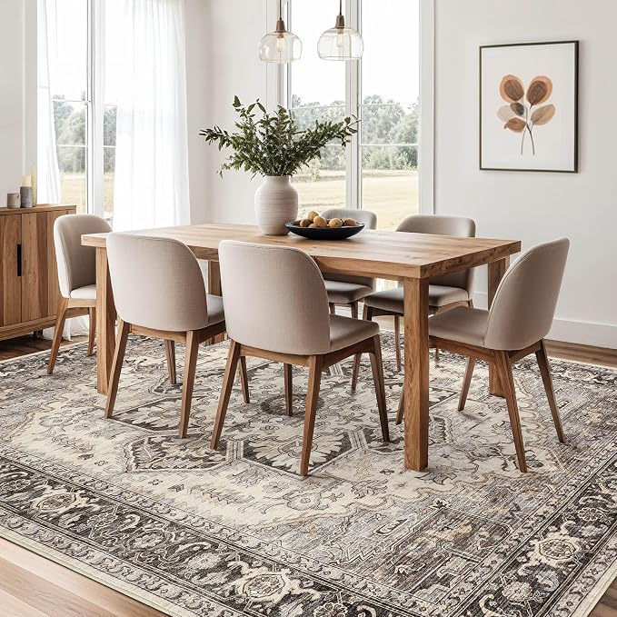 Area Rug for Living Room - 10x14 Soft Machine Washable Oriental Vintage Floral Distressed Large Indoor Floor Carpet for Bedroom Under Dining Table Home Office Decor - Grey Brown