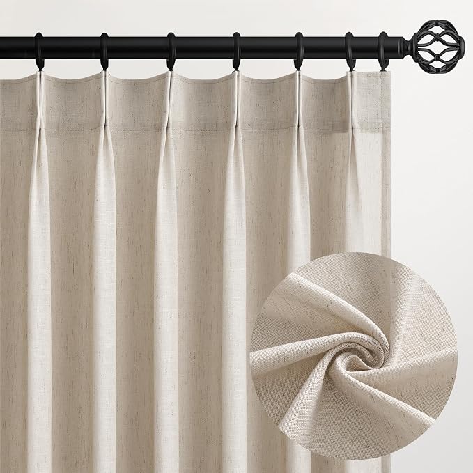 96 Inches Long Pleated Sheer Curtains,Oatmeal Linen Blended Light Filtering Window Curtains 96 Length 2 Panels for Living Room Bedroom Pinch Pleat Drapes with Hooks 2 Panels 40" Wx96 L,Light Camel