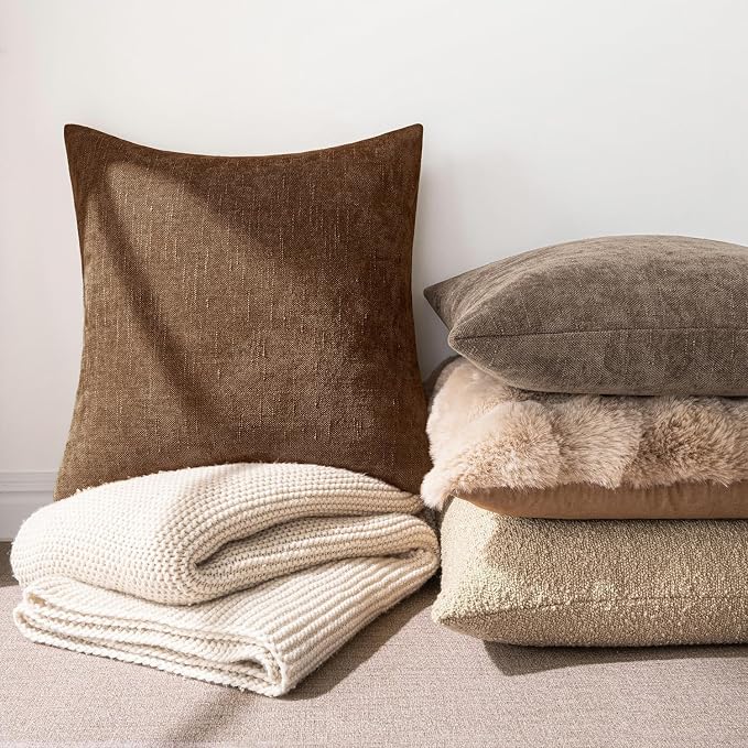 MIULEE Pack of 2 Decorative Throw Pillow Covers Soft Chenille Throw Pillows Solid Neutral Farmhouse Textured Cushion Covers for Couch Sofa Bedroom Living Room 24x24 Inch,Honey Brown