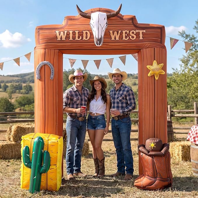 Seenelling 9 ft Western Cowboy Giant Inflatable Archway Decoration Brown Wild West Theme Arch Built-in LED Lights for Birthday Western Event Festival Entrance Outdoor Supplies