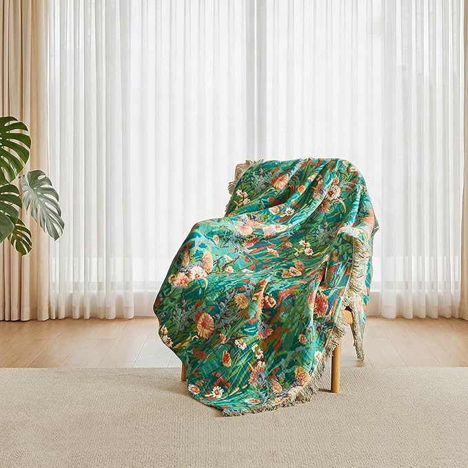 Boho Throw Blanket - 60"x80" 100% Cotton Ultra Soft Lightweight Spring Blanket, 4-Layer Breathable Muslin Blankets for Bed Couch, Reversible Green Floral Printed Bohemian Cotton Quilt