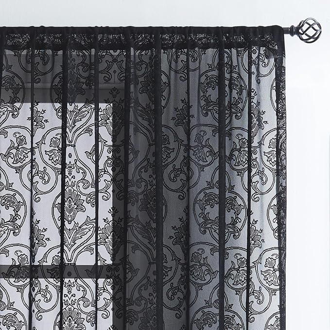 Treatmentex Damask Lace Sheer Curtains Black - Vintage Luxury Traditional Floral Sheer Curtain Panels 84 inches Long Victorian Boho Doorway Curtains Witchy/Goth Room Decor 54 x 63 Inch Black