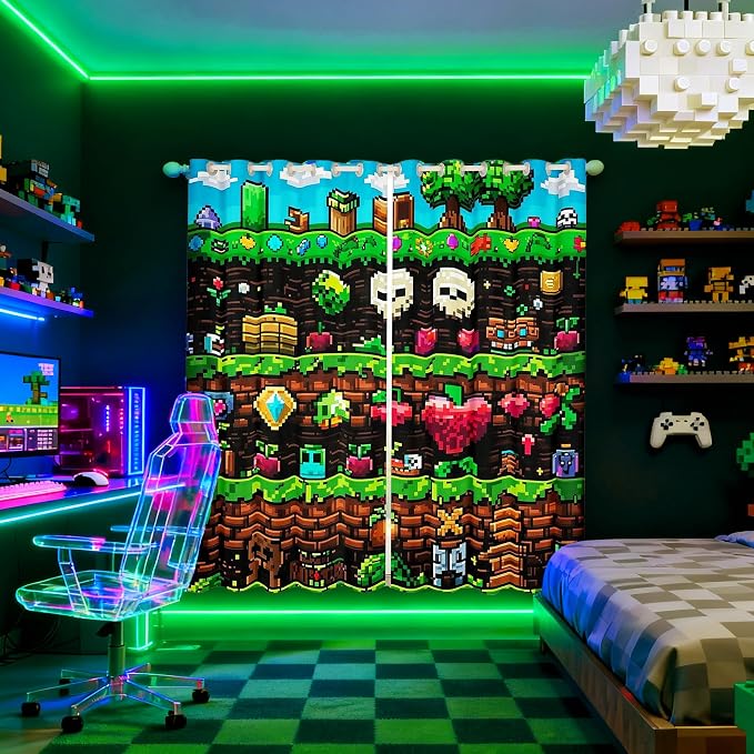 Castle Fairy Video Games Window Curtain,Colorful Pixelated Themed Bedroom Decor Curtains for Kids Boys Teens,Sandbox Block Window Treatment Funny Gamer Blackout Drapes 2 Panels,52Wx96L