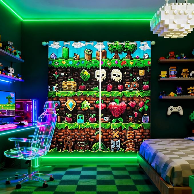 Castle Fairy Video Games Window Curtain,Colorful Pixelated Themed Living Room Decor Curtains for Kids Boys Teens,Sandbox Block Window Treatment Funny Gamer Blackout Drapes 2 Panels,42Wx90L