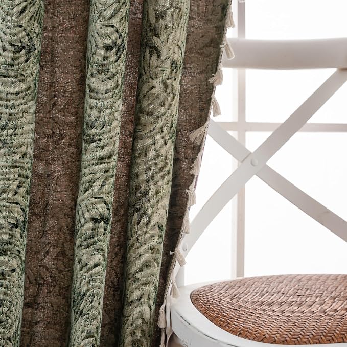 ENJOYBRIDAL Green Leaf 96 Inch Curtains 2 Panel Sets Farmhouse Long Drapes Semi Sheer Rod Pocket Bedroom Rustic Window Curtain Panels Living Room Boho Aesthetic Country Tassel Window Treatments
