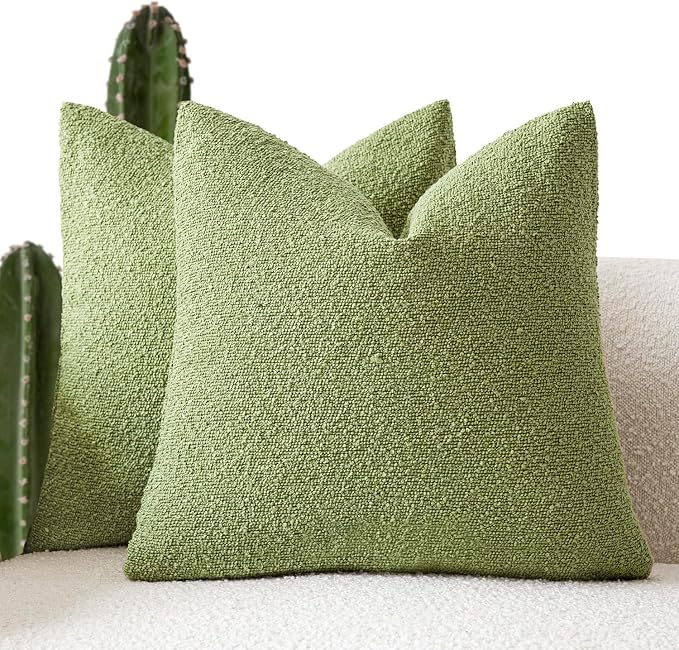 Foindtower Set of 2, Decorative Textured Boucle Throw Pillow Covers Accent Solid Pillow Cases Neutral Cozy Couch Cushion Case for Chair Sofa Bedroom Living Room Home Decor 24x24 Inch Leaf Green