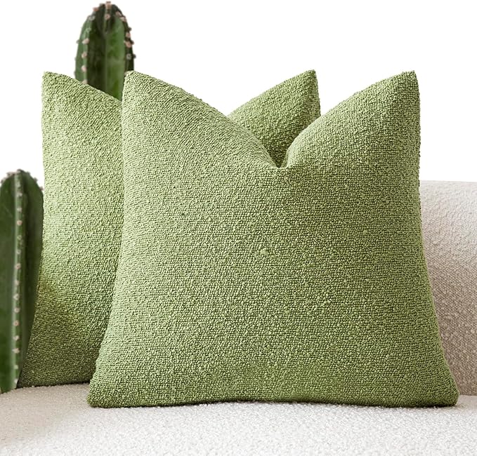 Foindtower Pack of 2 Textured Boucle Throw Pillow Covers Neutral Accent Solid Decorative Pillow Cases Cozy Woven Couch Cushion Case for Sofa Bedroom Living Room Home Decor 20x20 Inch Leaf Green