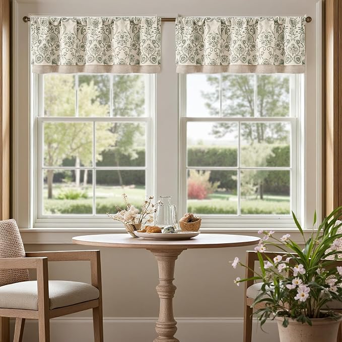 jinchan Linen Valance Kitchen Curtain Pack of 2 Double Layer 16 Inch for Living Room Bedroom Window Treatment Light Filtering Vintage Farmhouse Cottagecore Rod Pocket 2 Panels Green on Beige