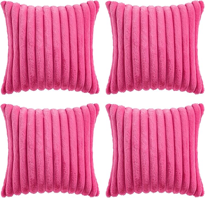 MIULEE Faux Fur Plush Decorative Throw Pillow Covers 18x18 Set of 4, Spring Modern Soft Fuzzy Striped Cushion Covers for Sofa Couch Bed Living Room Cozy Home Decor,Hot Pink