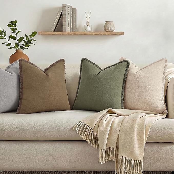 decorUhome Linen Fringe Throw Pillow Covers Set of 2 Decorative Light Brown Pillow Covers with Tassels Soft Accent Boho Farmhouse Pillow Cases for Couch Bed Sofa 18x18 Inch