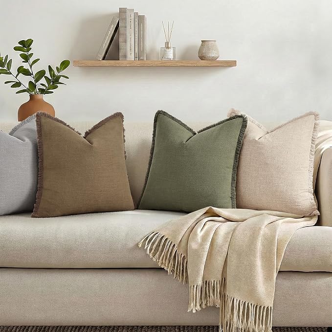 decorUhome Linen Fringe Throw Pillow Covers Set of 2 Decorative Light Brown Pillow Covers with Tassels Soft Accent Boho Farmhouse Pillow Cases for Couch Bed Sofa 16x16 Inch