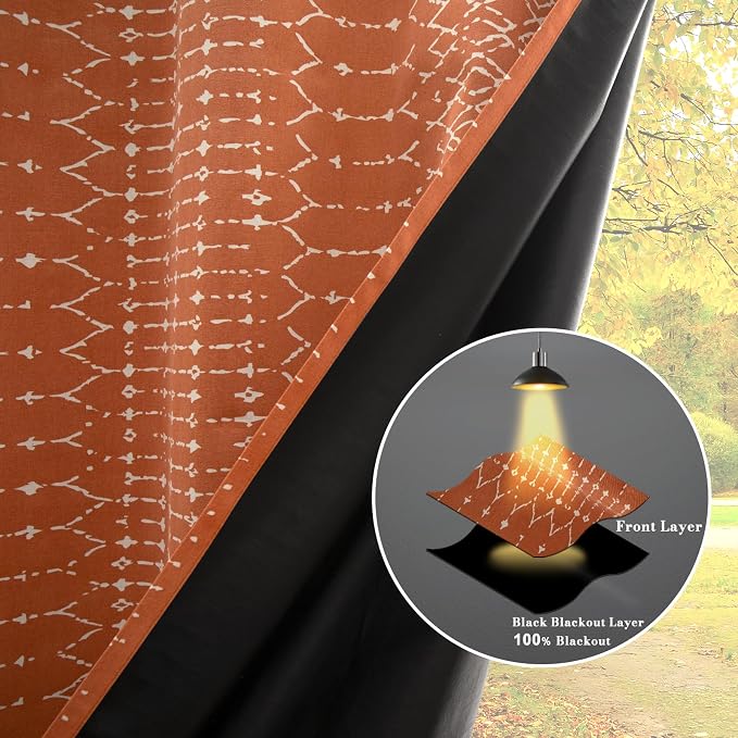 ColorBird 100% Blackout Boho Heat Sun Blocking Curtains & Drapes for Bedroom Living Room Floor to Ceiling 96 Inches Burnt Orange Patterned Decorative Thermal Curtains Dining Rustic Western Room Decor