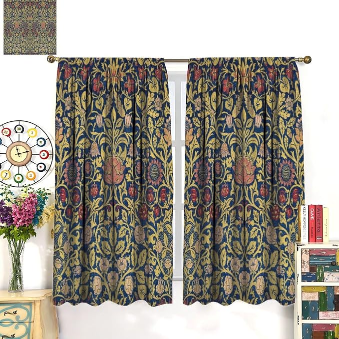 Retro Bohemian William Morris Plant Floral Blackout Window Curtains, Abstract Vintage Country Floral Leaf Pattern Print Window Drapes, for Bedroom Living Room 27.5(W)*63(L) 2 Panels