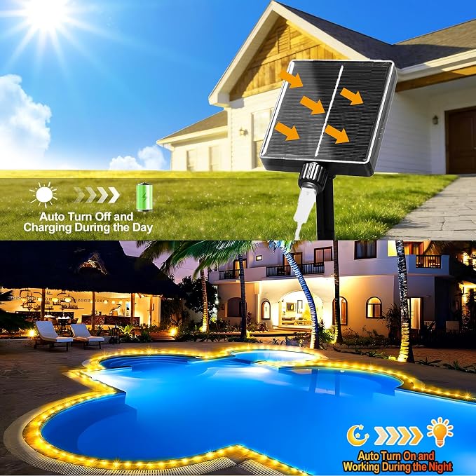 KNONEW Solar Rope Lights Outdoor 300LED 50FT Solar String Lights Outside Waterproof with Modes Clear Thin Tube for Pool Tree Patio Garden Fence Camping Yard Deck Trampoline（Warm White）