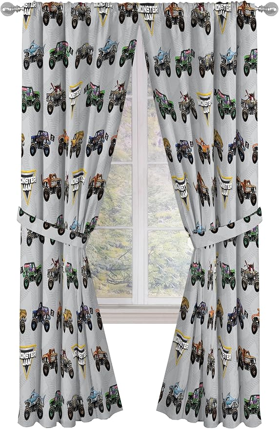Jay Franco Window Curtains for Kids Bedroom 4-Piece Drape Set with 2 Tiebacks, Grey - Monster Jam, 42" W x 84" L (Pack of 2)